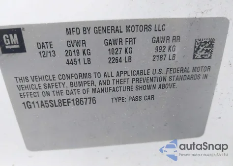 2014 Chevrolet Malibu 1Fl z USA, uszkodzony, nr VIN 1G11A5SL8EF186776